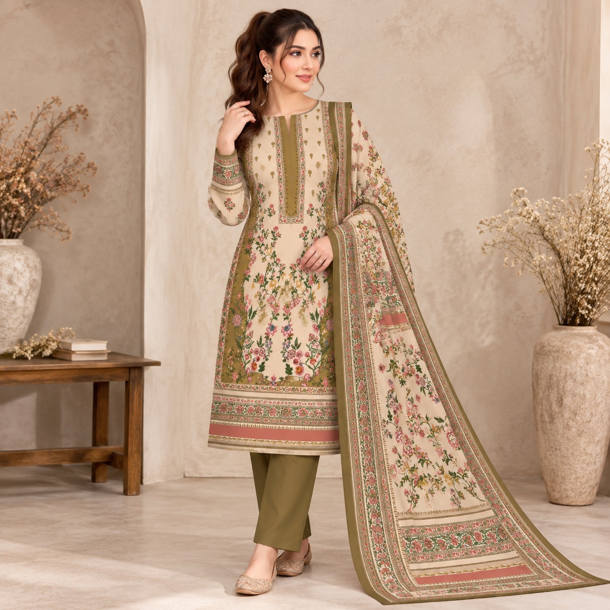 Olive Bloom Three Piece Dress TV-D019 - Navyastyle Olive Bloom three piece dress TV-D019 by Navyastyle