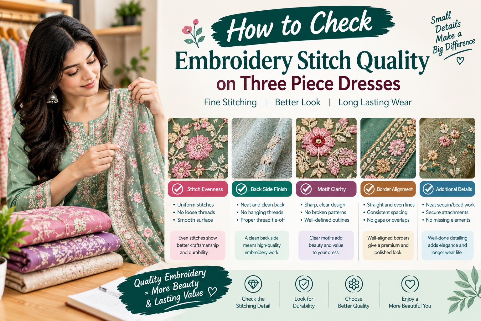 how to check embroidery stitch quality on three piece dresses