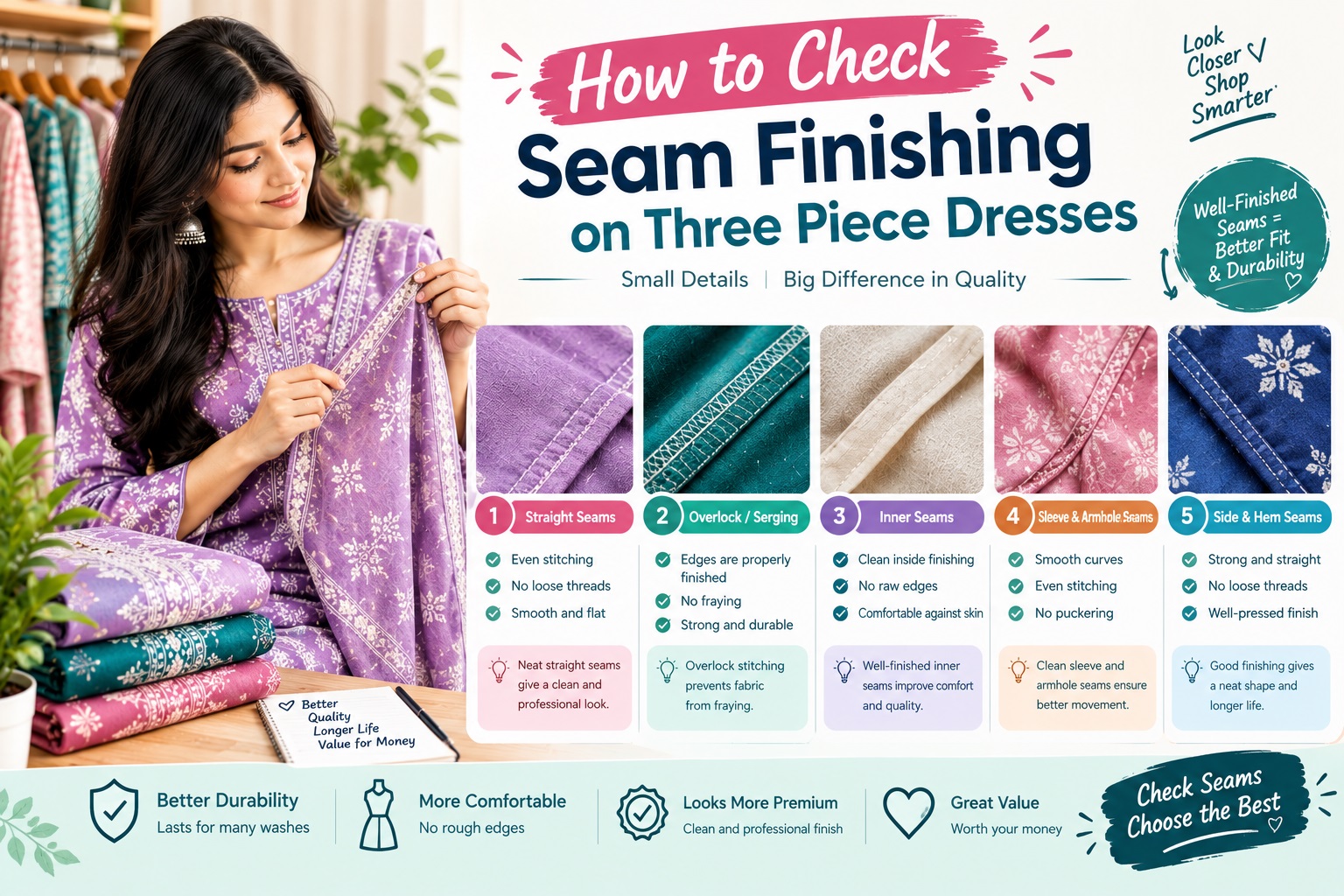 how to check seam finishing on three piece dresses