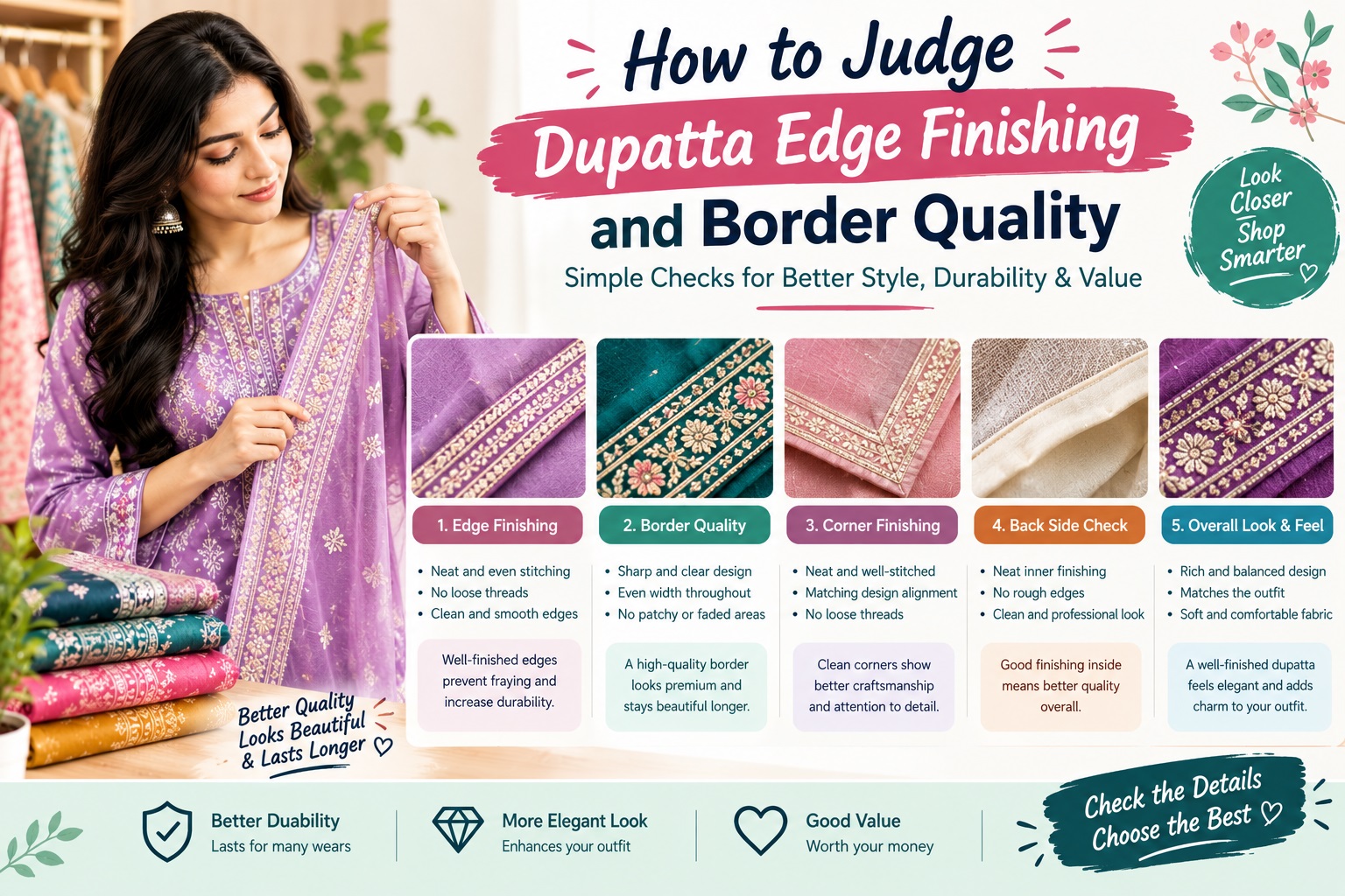 how to judge dupatta edge finishing and border quality
